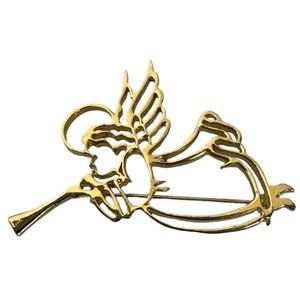 Christmas Angel with Trumpet Brooch Pin Goldtone Outline Holidays Jewelry 2.5"